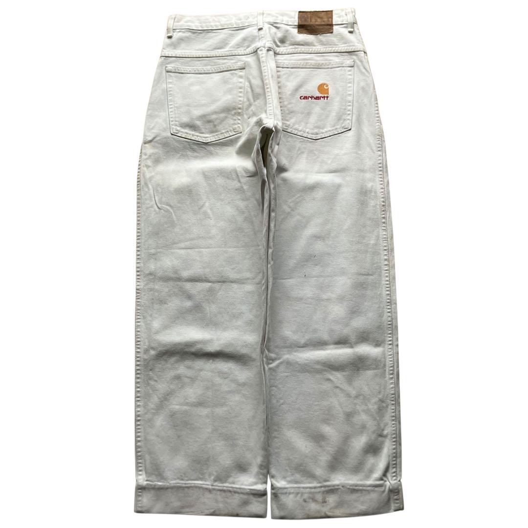 大人気Carhartt 革ロゴ 極太90s carhartt バギーホワイトデニム ワン