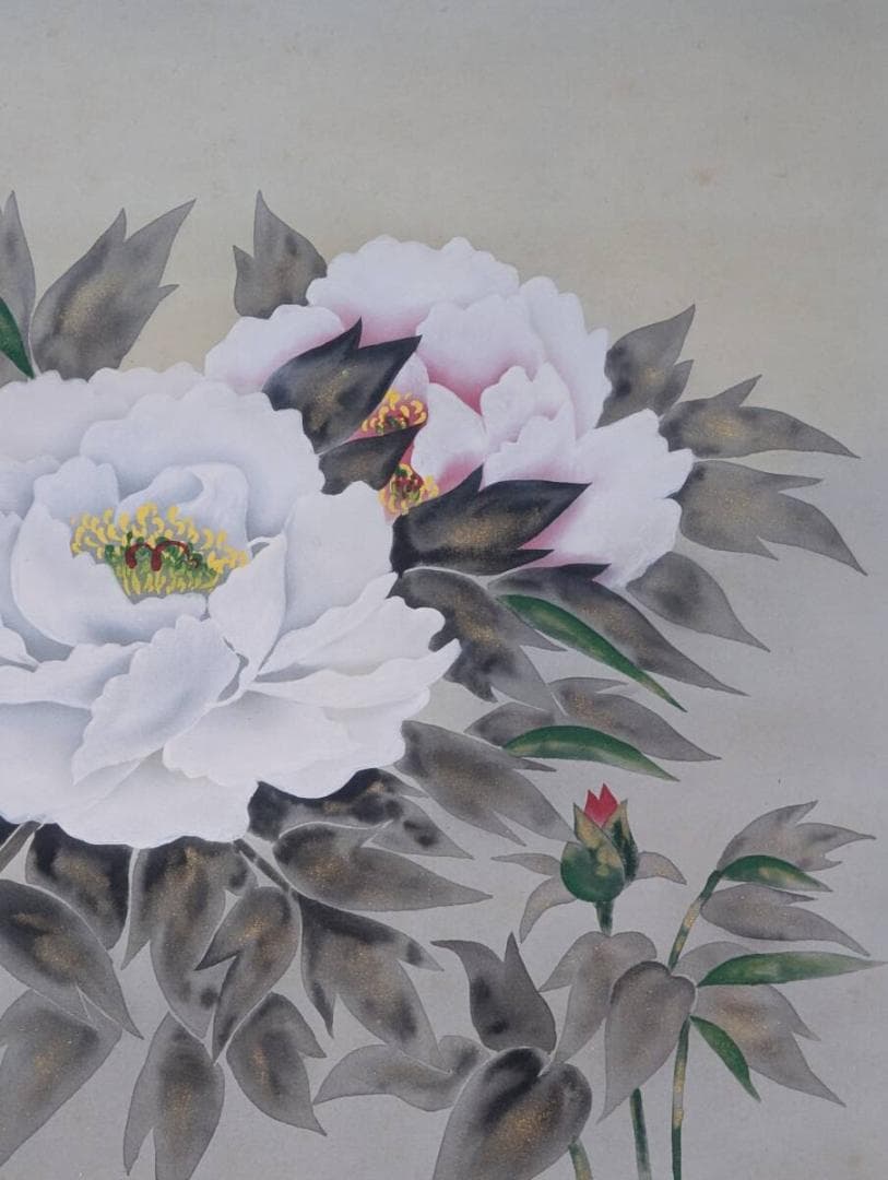 真作】掛軸 牡丹図 豪華な白牡丹の図 美麗花鳥画作品 優美