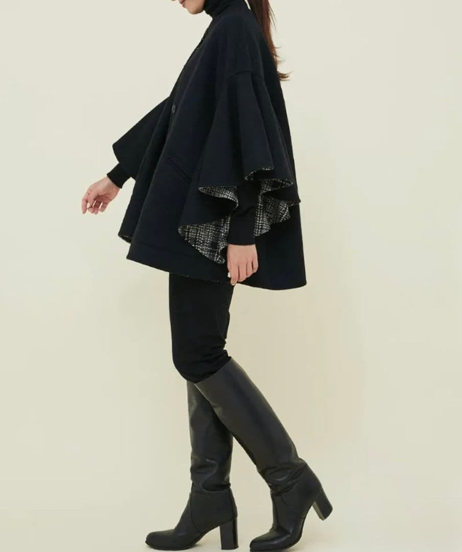 SEVEN TEN】ラッフルスリーブリバーシブルコート ブラック×チェック