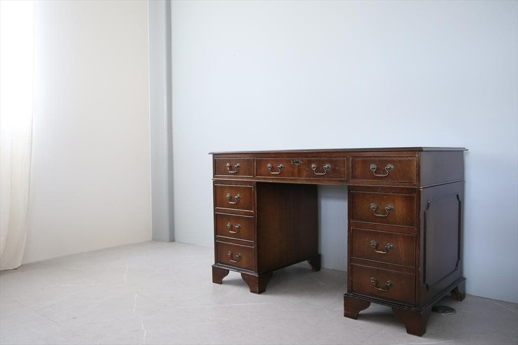 英国アンティーク木製両袖デスク/勉強机テーブル/飾り棚/オフィス事務