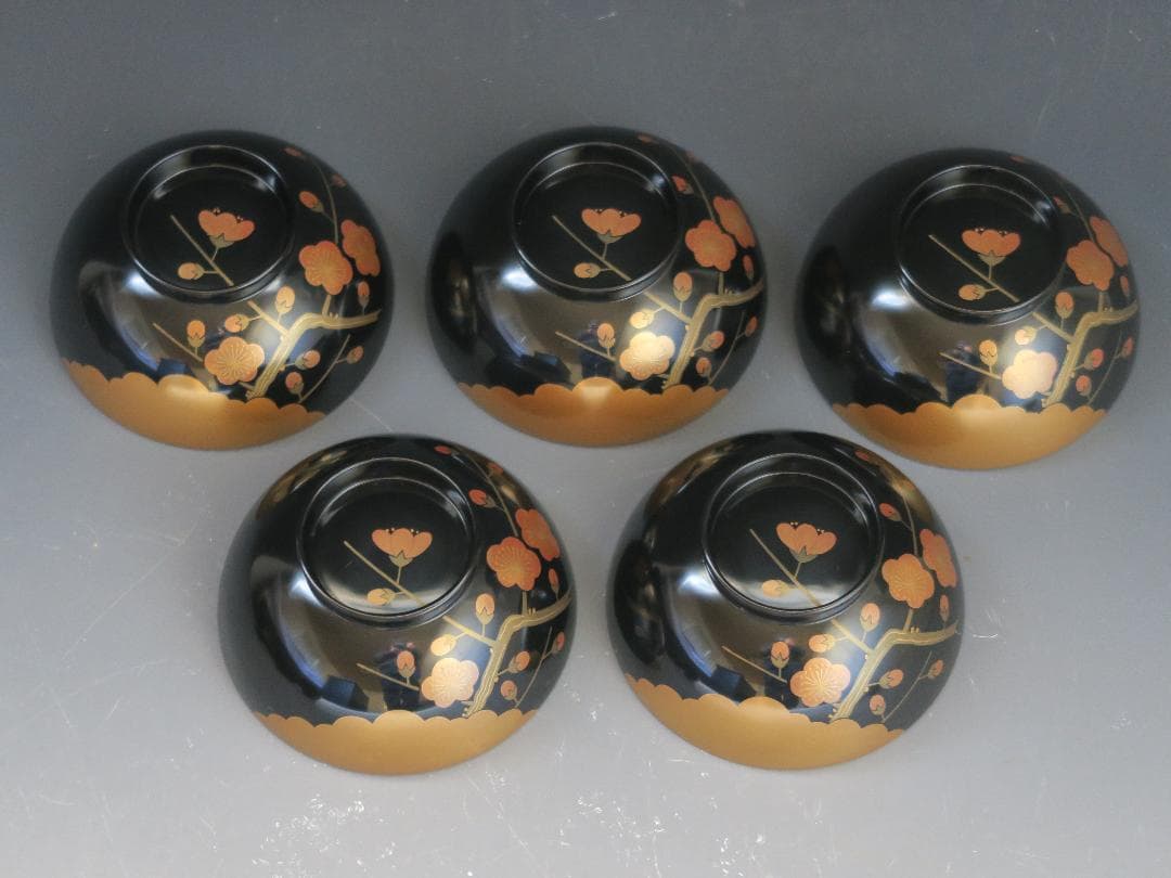 輪島塗】雲松竹梅蒔絵 吸物椀 黒塗 五客揃 布着請負 天然木 共箱 美術