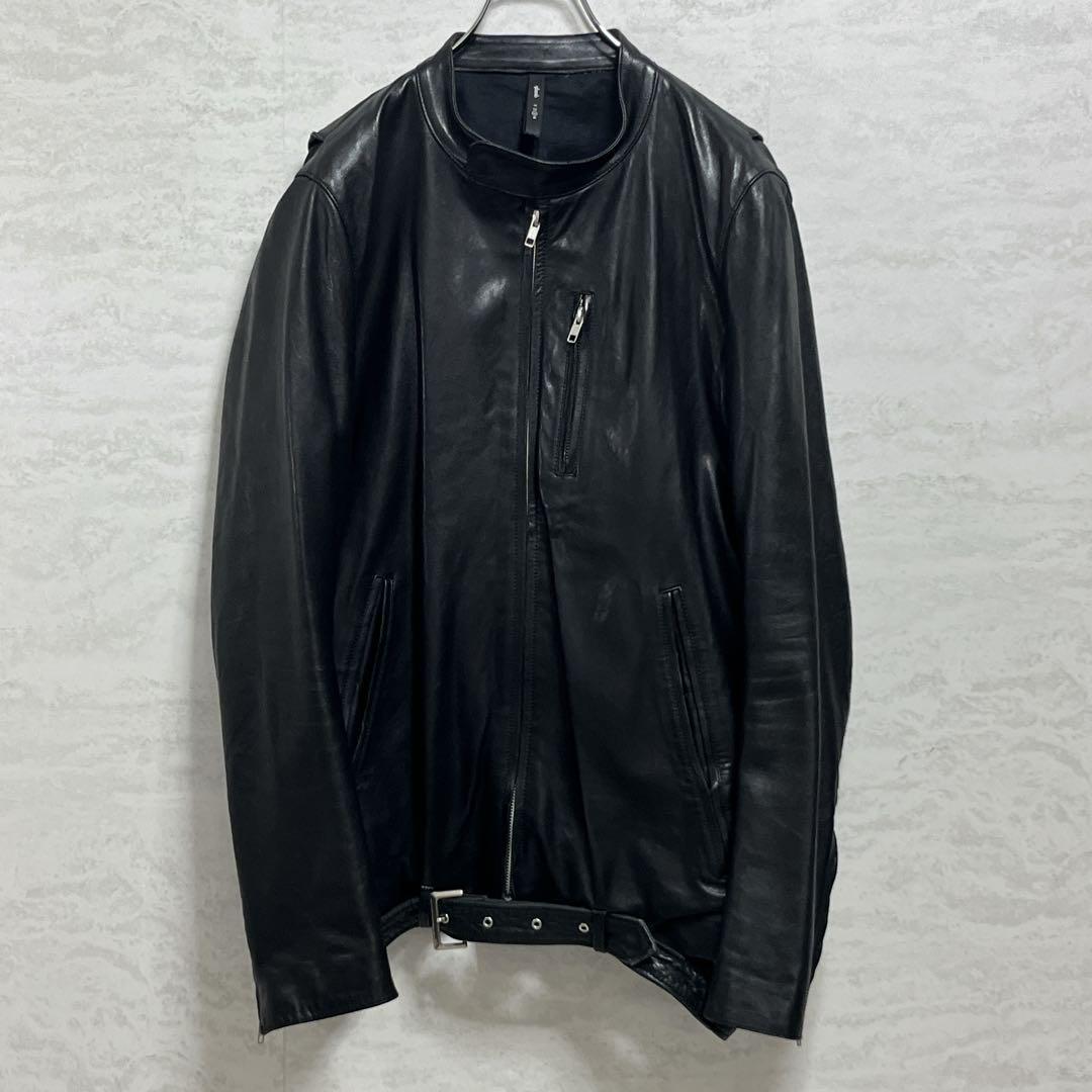 美品『グラム』シングルライダースレザージャケット 羊革 ベルト ダブルジップ 黒 glamb（グラム） 革ジャン ライダース Calf Leather Riders Jacket