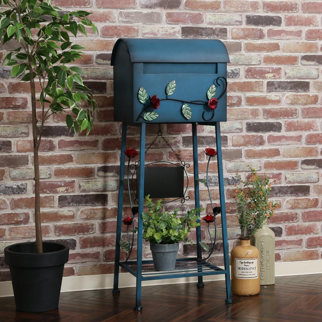 ポスト 薔薇デザイン アンティーク風 メールボックス ローズ 横型 ブルー 楽天市場】ガーデン メールボックス ローズ横型 郵便ポスト スタンド