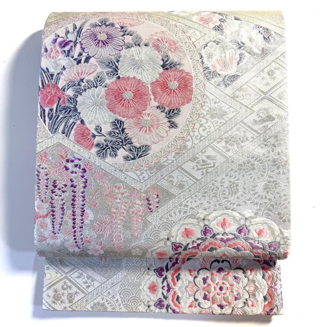 5k2780 袋帯　絹　唐織　プラチナ箔　正倉院文様　華文　銀色　白　ピンク　紫 ob2411009-1.jpg