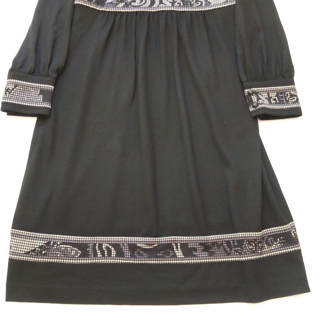美品 レオナール 千鳥格子 長袖 ギャザー ひざ丈ワンピース トリム