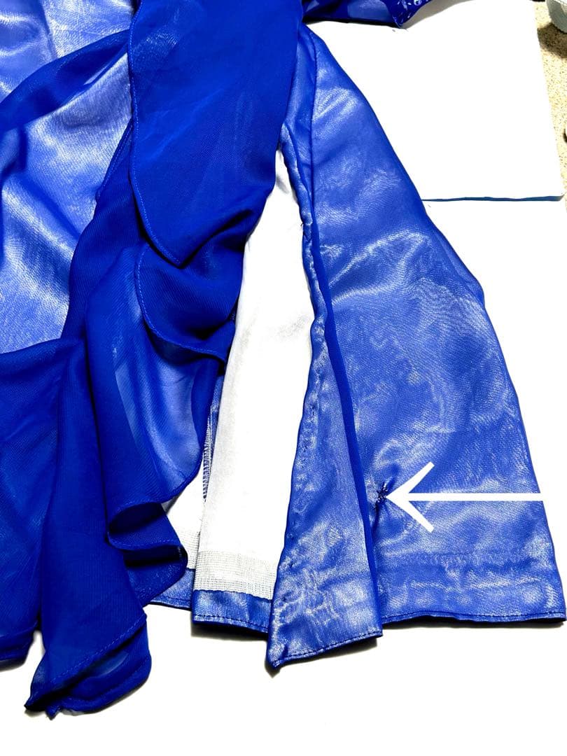 青いジョゼットにスパンコールビーズ装飾 社交ダンスドレス ドレープフリル