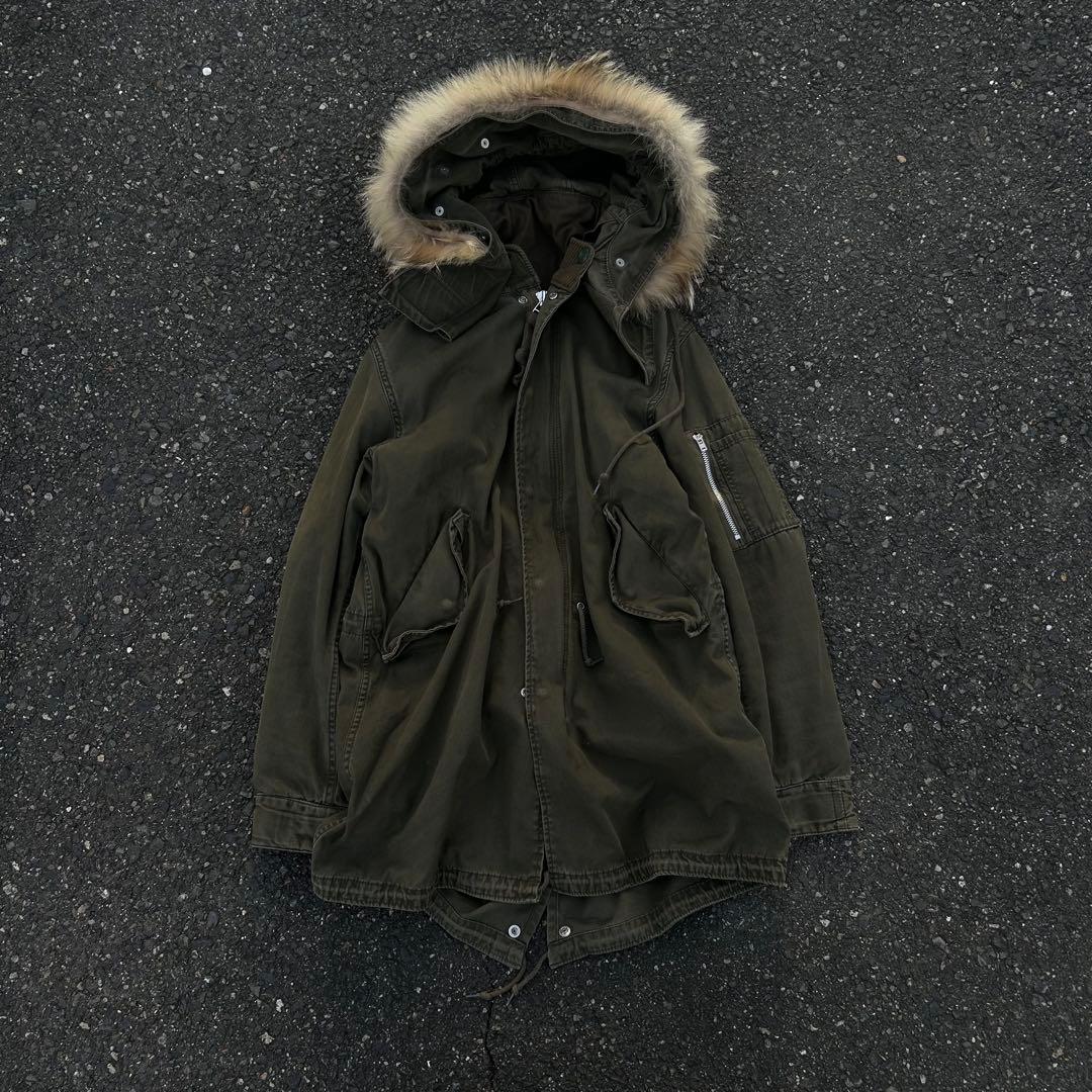 ダブルジップ グランジ ファー付きモッズコート ミリタリー アメカジ グランジ ファーモッズコート カーキ | 古着屋 PINK