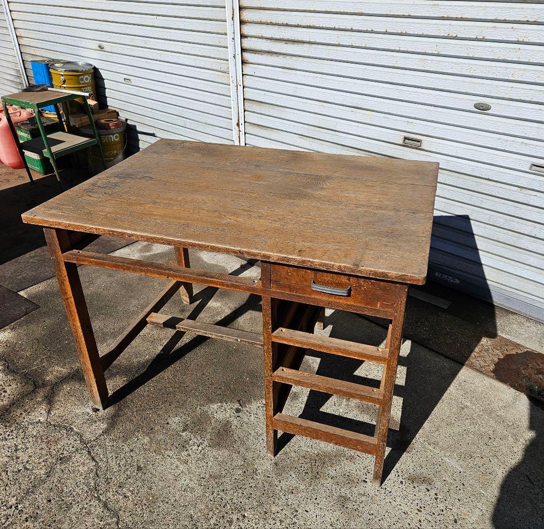日本のアンティーク 古い片袖机 木製 作業台 アトリエ デスク テーブル