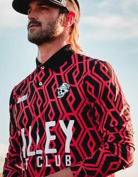 新品 デヴァロー 幾何学柄 スカルキャディ刺繍ワッペン 長袖ポロシャツ