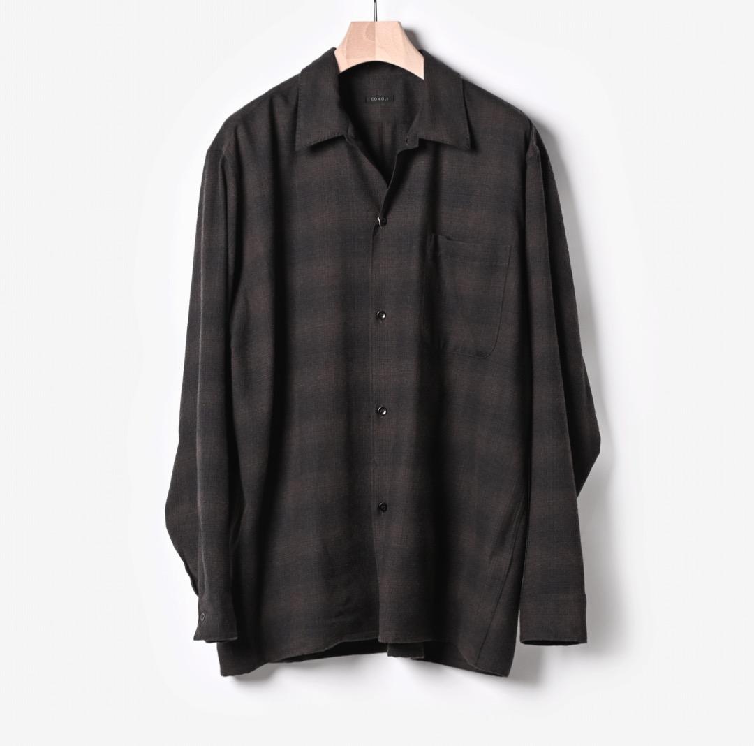 COMOLIコモリ　ウールチェックオープンカラーシャツsize4　ブラウン COMOLI / コモリ | ウールチェック オープンカラーシャツ - Brown