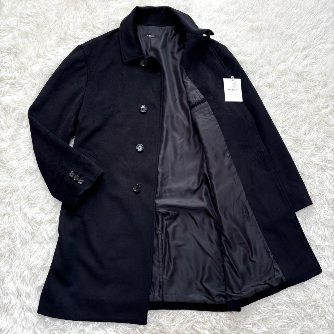 【タグ付未使用】XLサイズ モルガンオム ロング ステンカラーコート 黒艶感 タグ付未使用】XLサイズ モルガンオム ロング ステンカラーコート 黒艶感