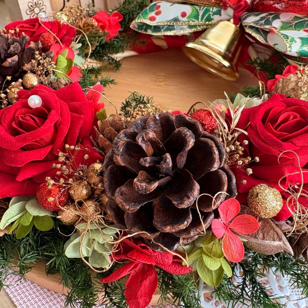 No123 おっきいリボンとリンリンベル♥赤バラのキラキラクリスマスリース