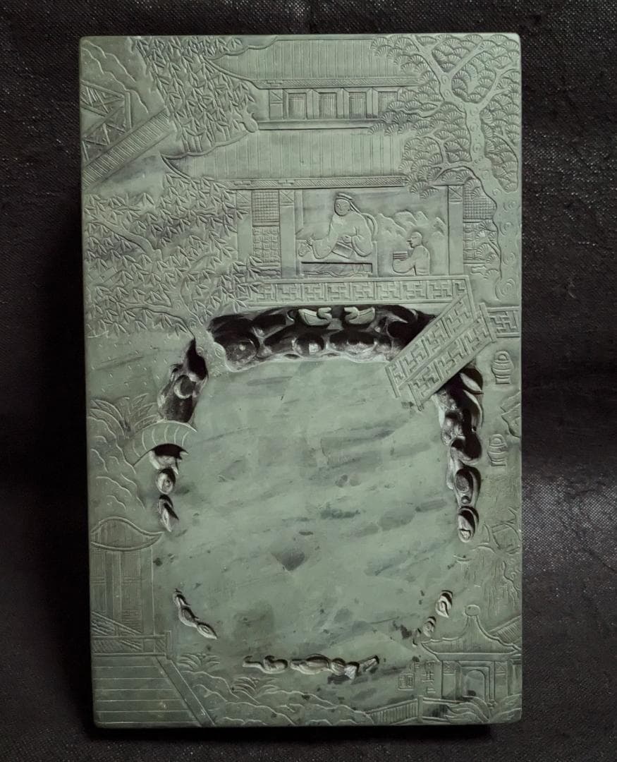 蘭亭硯】◇五台山緑石の特大加厚硯◇群微点状