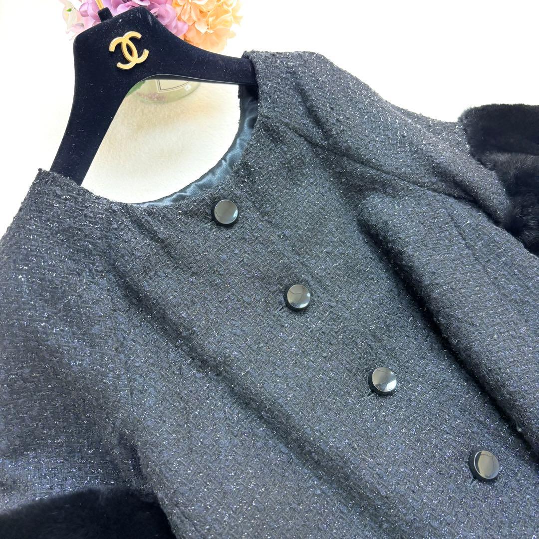 アルマーニ コレッツォーニ ファー付 ツイードショートコート 黒 40