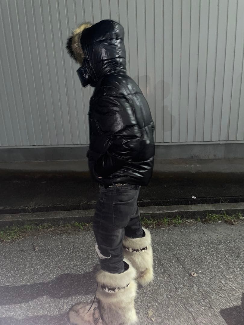 ファー付き ダウンジャケット 光沢 Y2K お兄系 グランジ ギャル男 平成 黒