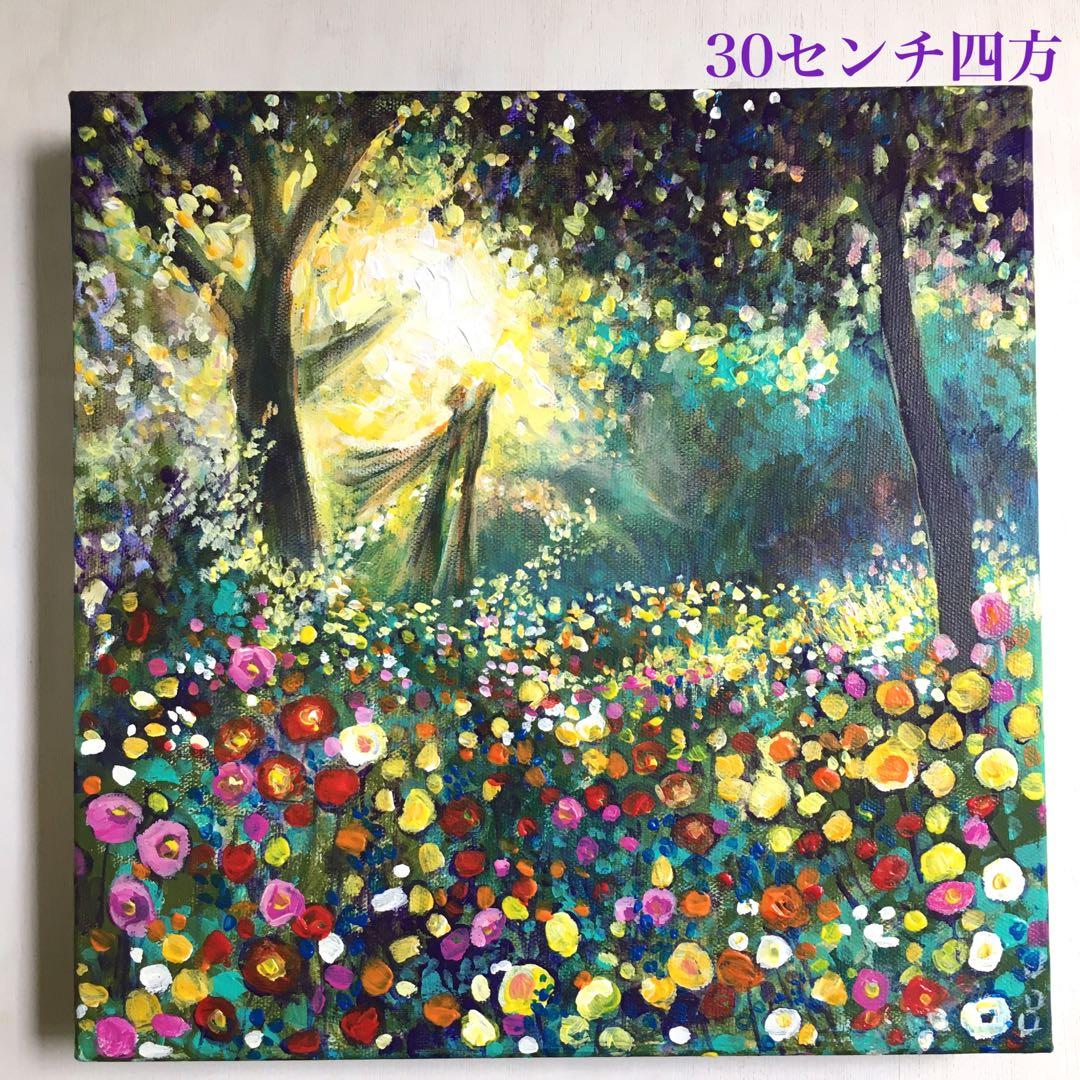 処分価格！ 誘う天使の森 アクリル画 30センチ四方 パネルキャンバス