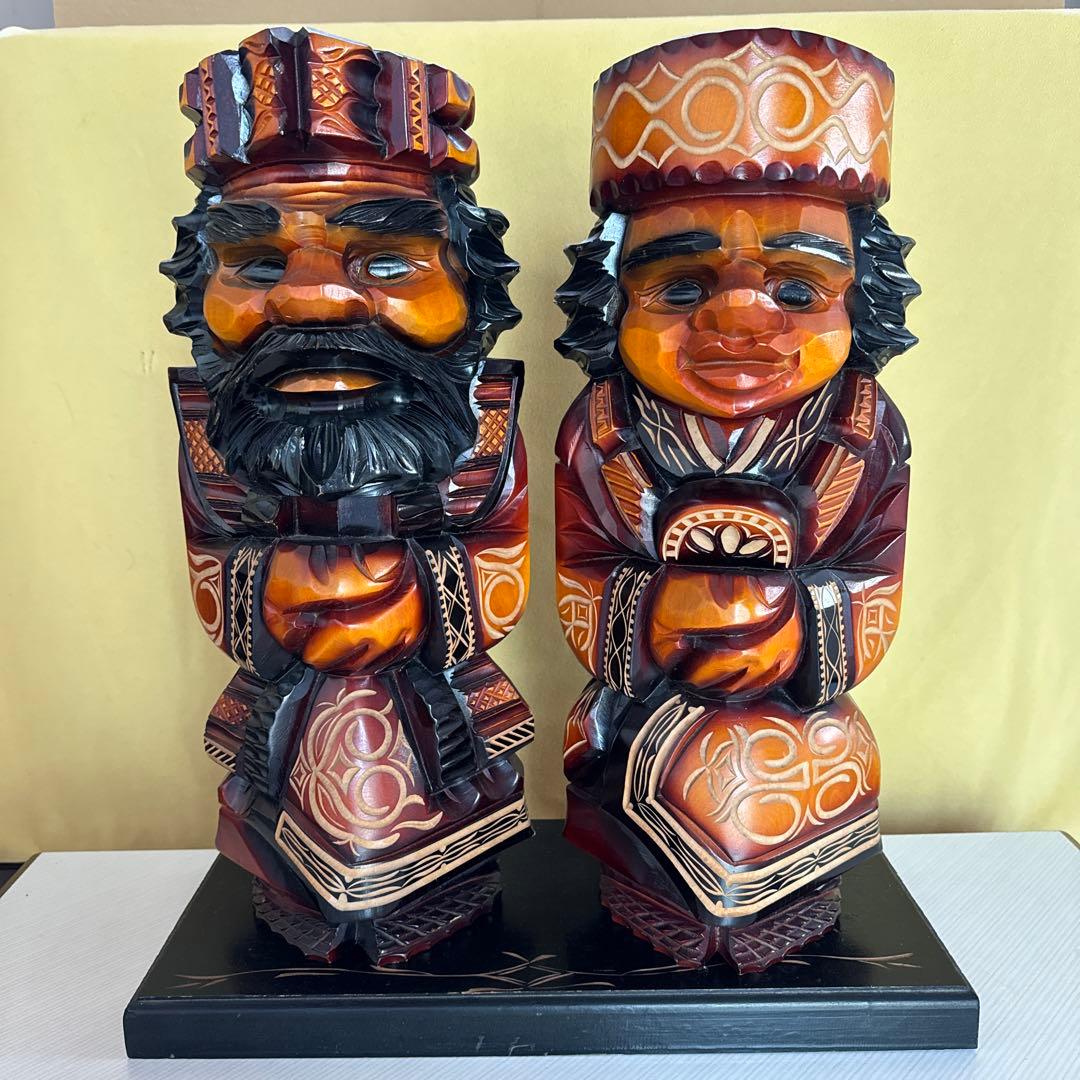 昭和レトロ 民芸品アイヌ木彫り 48cm大型ニポポ人形(夫婦) 台付 - メルカリ