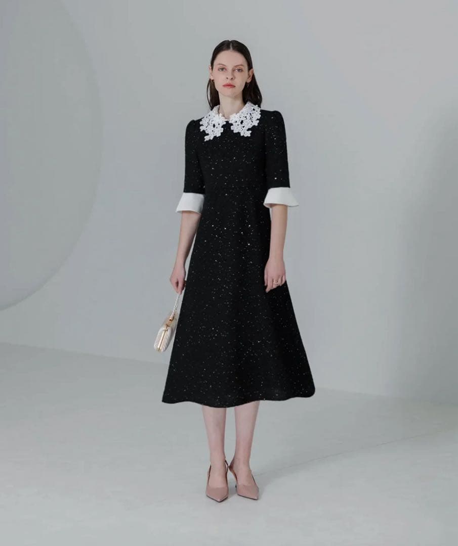 Leja スパンコールAラインワンピースドレス 当日発送】花柄レースカラースパンコールAラインドレス/パーティー