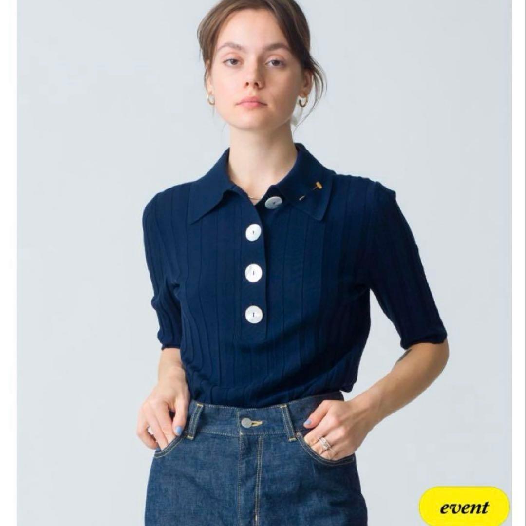 NACKIYÉ ネイビーリブ編み五分袖ポロシャツ - メルカリ