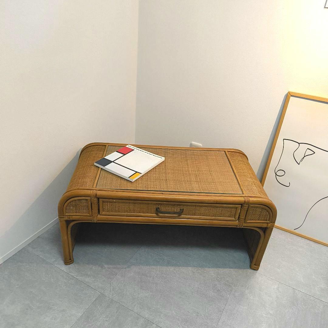 ヴィンテージ ラタン座卓 ガラス天板 引き出し 書斎 レトロ 籐 韓国