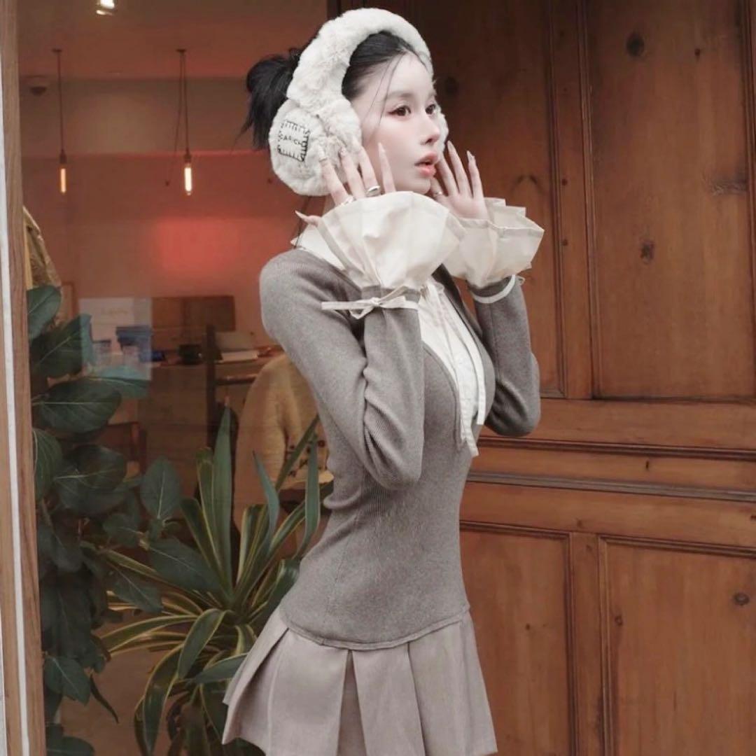 ニットミニワンピース シャツドッキングプリーツミニワンピース