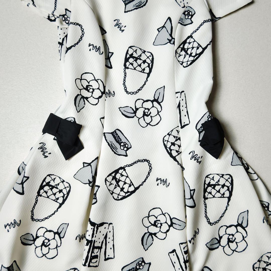 エムズグレイシー ワンピース 総柄 白 カメリア リボン フレア Aライン