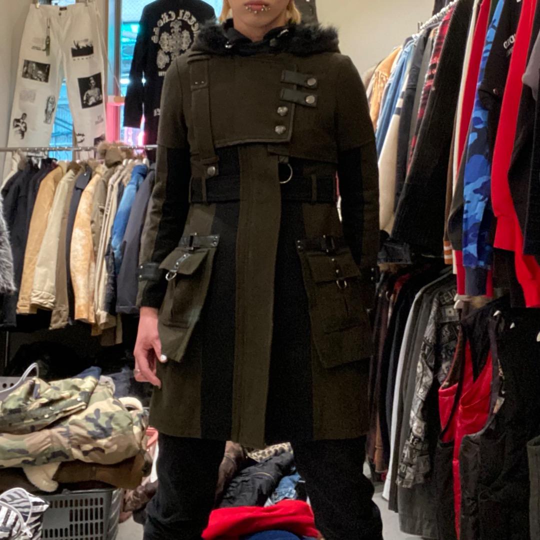 SEXPOT v系 ダブルジップ ベルトギミック ウール フード付きロングコート SEXPOT v系 ダブルジップ ベルトギミック ウール フード付きロングコート