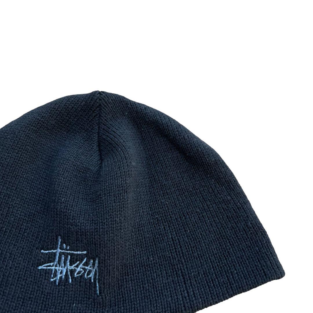 90s】OLD stussy ニット帽 ビーニー 黒タグ 刺繍ロゴ 折り目なし