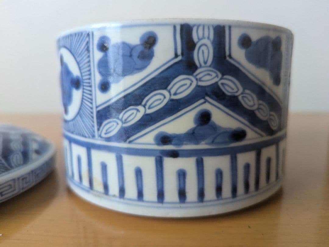 古伊万里 手描き染付陶壺 蓋付き 骨董