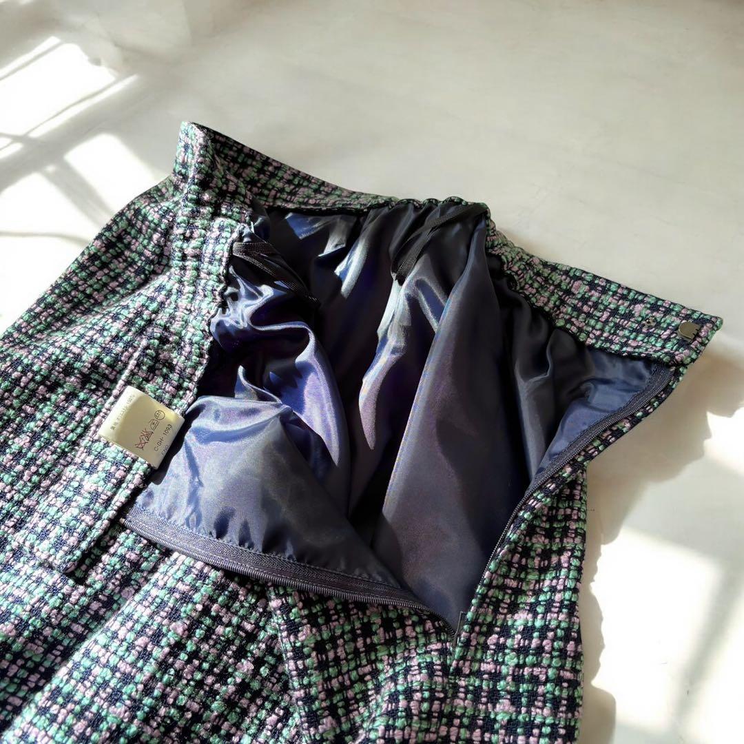 ミックスツイード バブリースーツ フリンジ 金ボタン 日本製