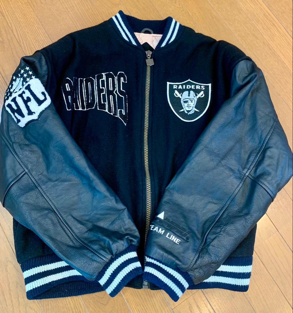 90s ロサンゼルス レイダース 袖レザースタジャン NFL サイズ48 黒ピン