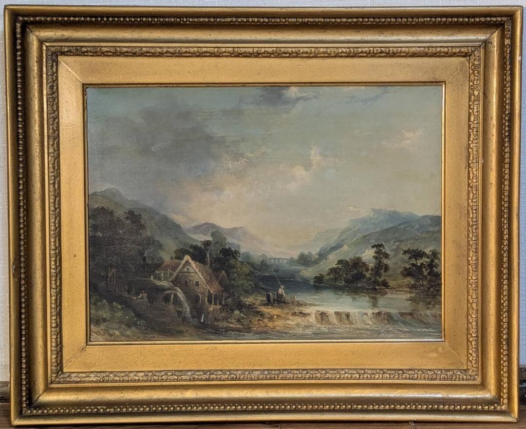 【真作】絵画　油彩　水車小屋と渓流　古典ヨーロッパ風景画　クラシック　X173 ポストカード ヨーロッパ風景画￥250（他の絵と4枚セット売り1.000円