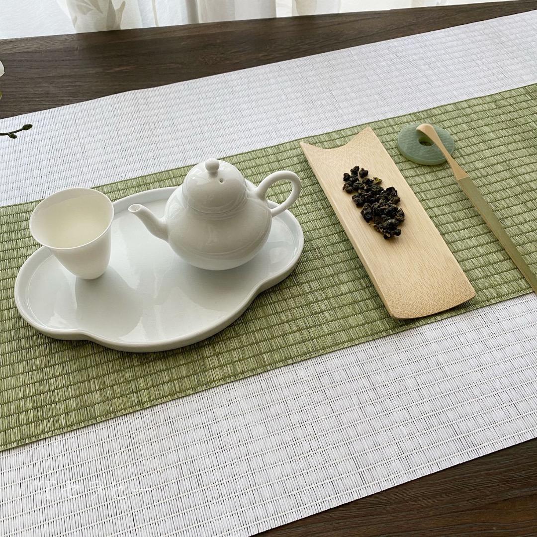 防水テーブルランナー 台湾茶道具 茶席 マット（若葉色+白 2m） 2枚セット