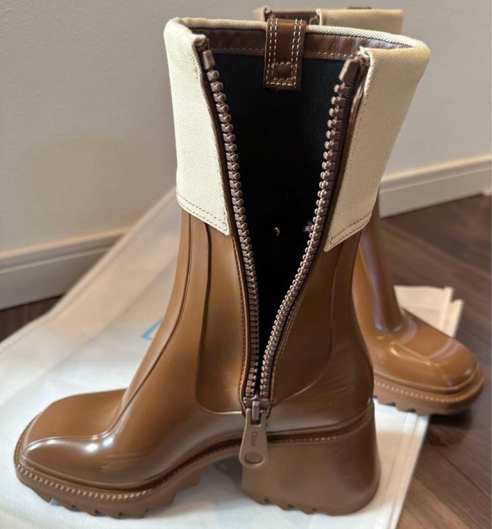 数回着用のみ♪ Chloe PVC キャンバスレインブーツ ブラウン 晴雨兼用