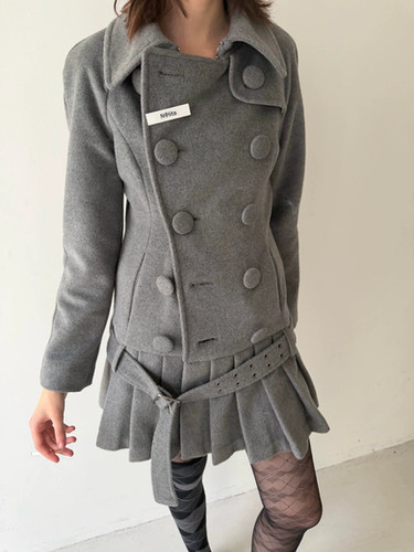 NODRESS / DOUBLE-BREASTED PLEATED HEM WOOL COAT / GRAY | THE FOUR