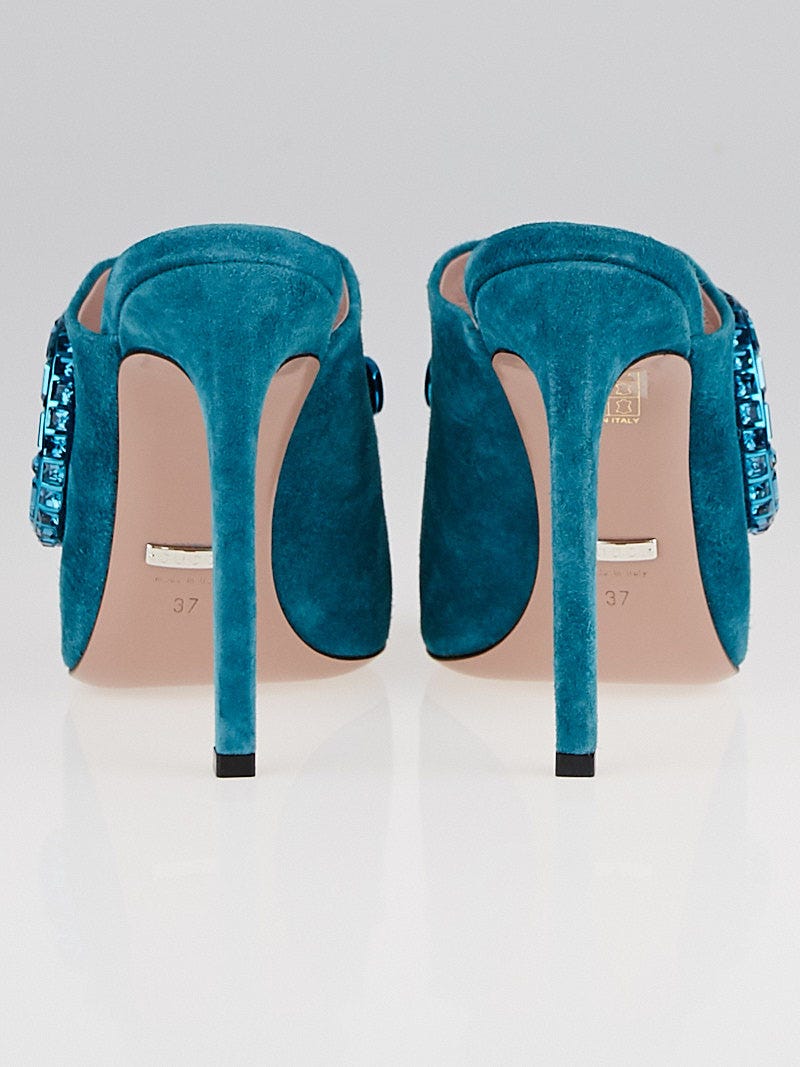 Gucci Turquoise Suede and Maxime Crystal Horsebit Mule Heels Size