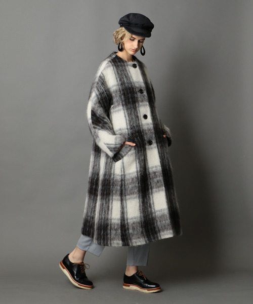 NINE（ナイン）の「シャギーノーカラーコート《チェック柄