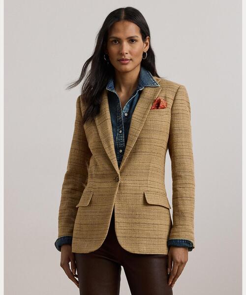 セール】ヘリンボーン リネンブレンド ツイード ブレザー（テーラード