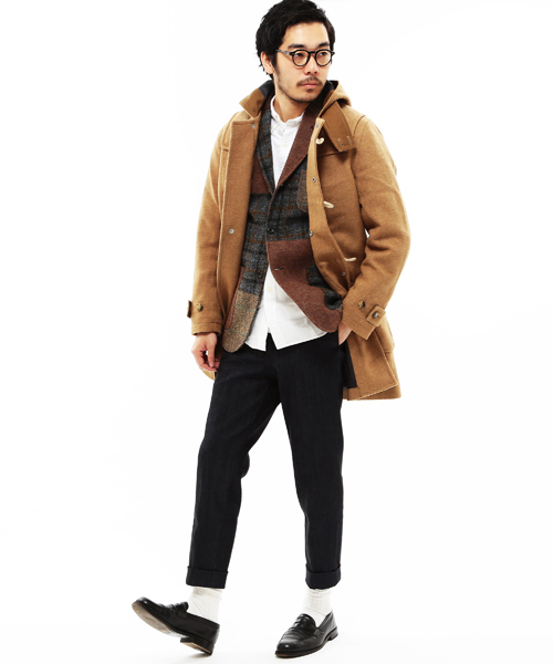 ハリスツイード×ビームスプラス ダッフルコート ロング L フード 牛革