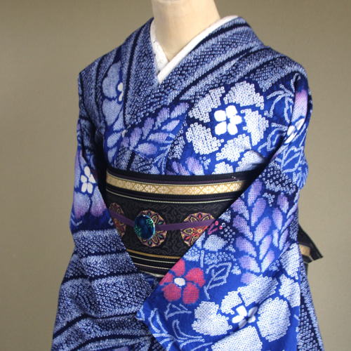 ◇現代 有松鳴海絞 浴衣◇【紺青藤色】波縞に下り藤 ふっくらした絞り