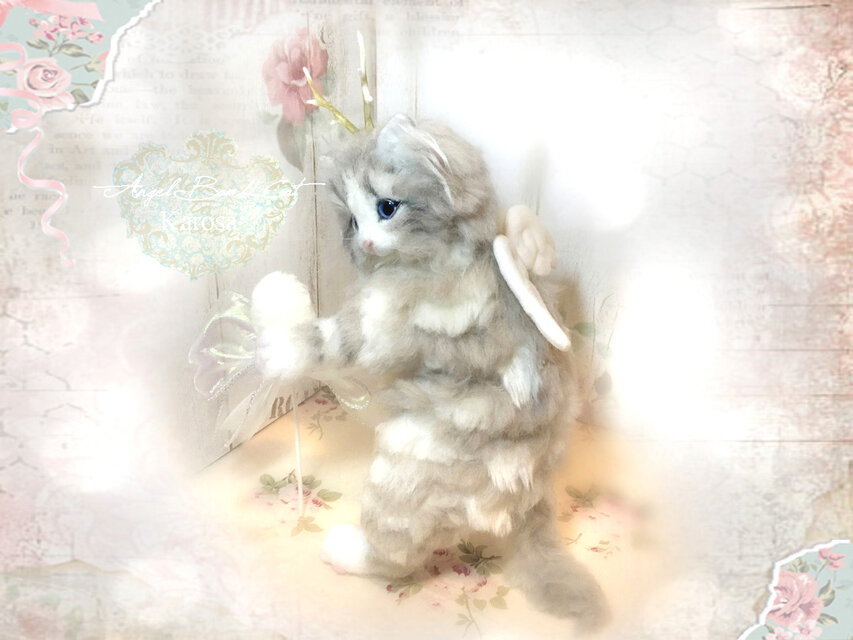 エンジェル バンビキャット 全身可動 猫 幻獣 角 羊毛フェルト アート