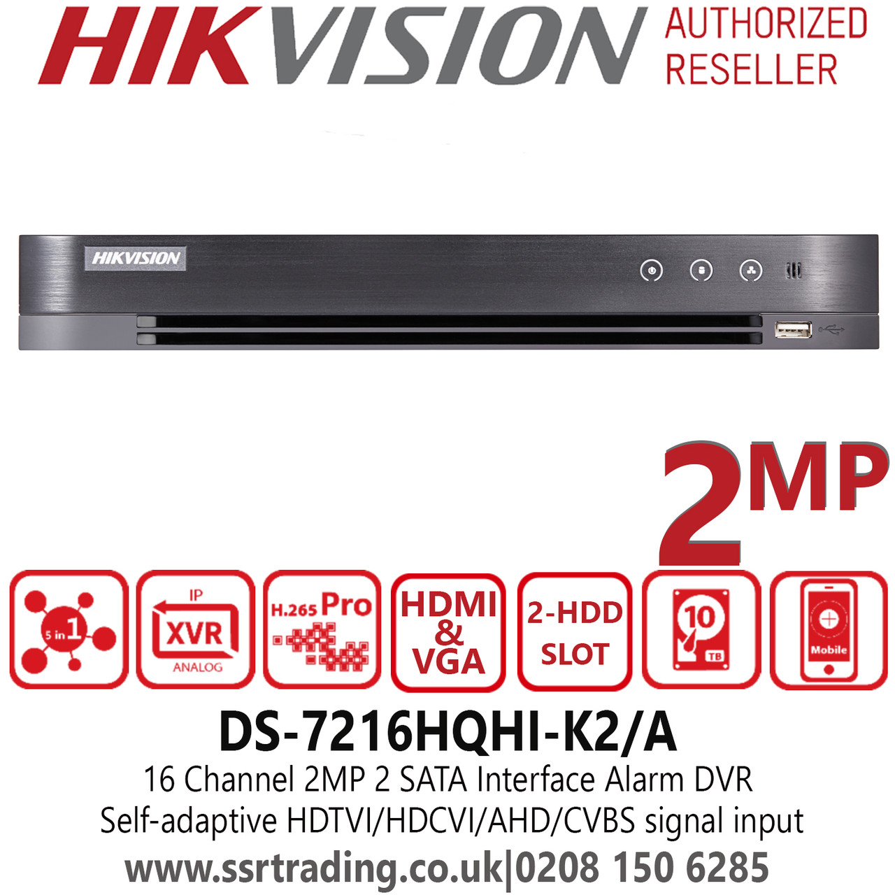 Hikvision DS-7216HQHI-K2/A 16 Channel 2MP 2 SATA 16Ch Alarm DVR