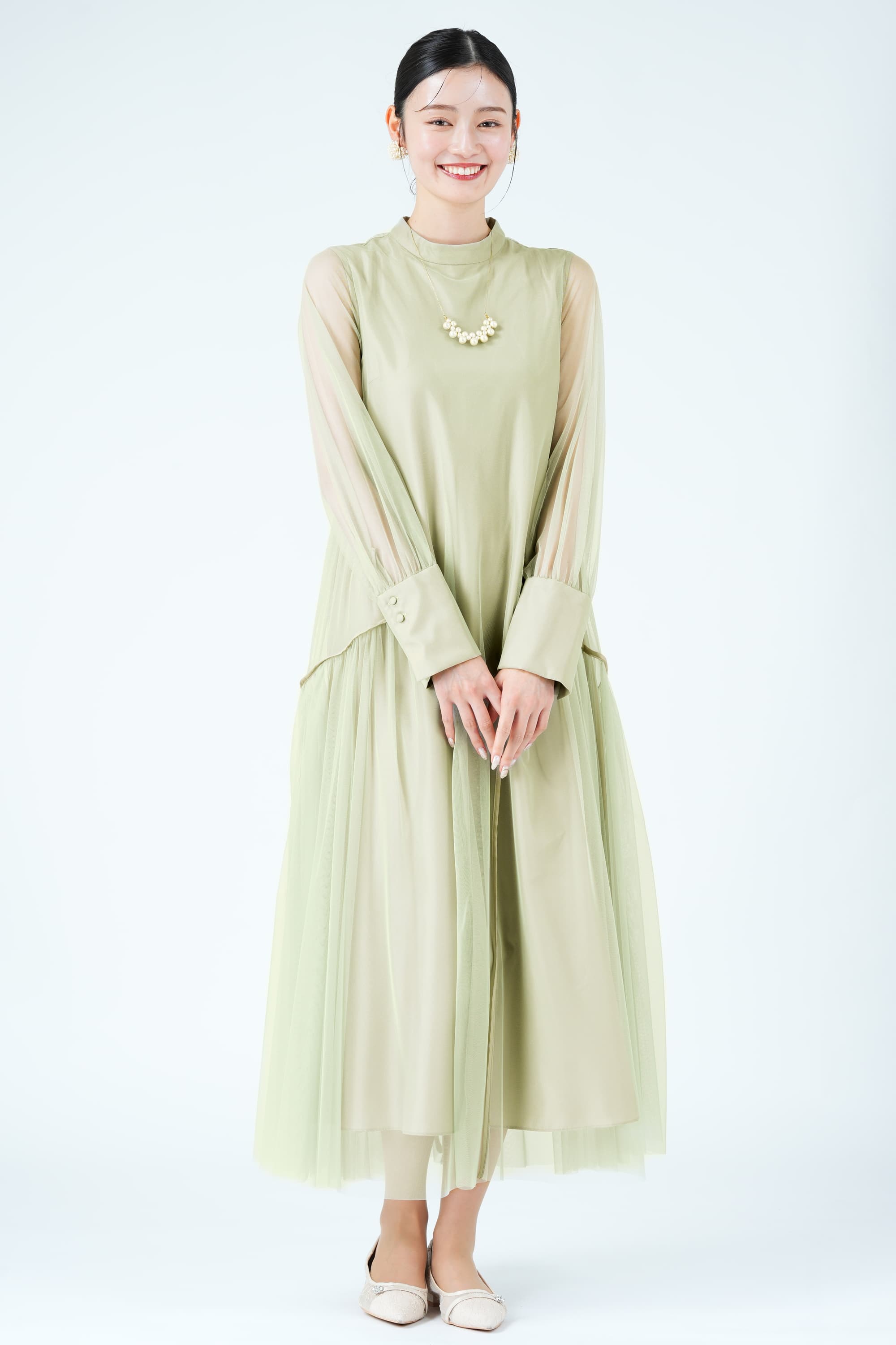 ANDRESD 総チュール×パイピングイエローグリーンドレス (L) をレンタル